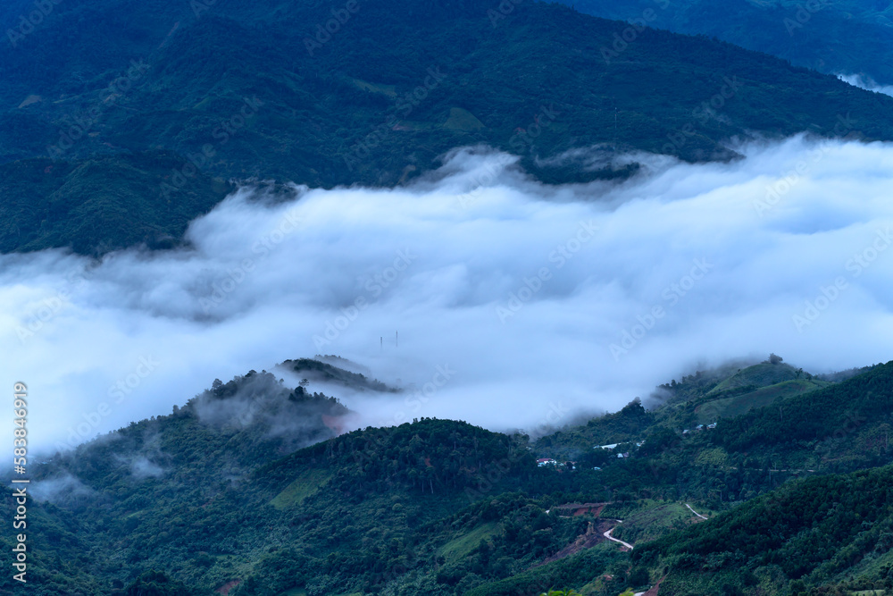 Early morning in a cloudy valley in Nam Tra My district, Quang Ngai province, Vietnam