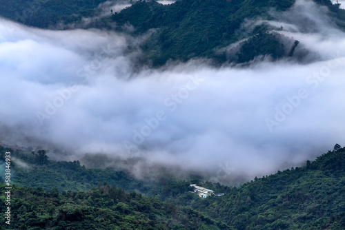 Early morning in a cloudy valley in Nam Tra My district, Quang Ngai province, Vietnam