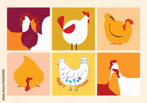 Set of chicken, hen, rooster, icon character hand drawn vector illustration design.
