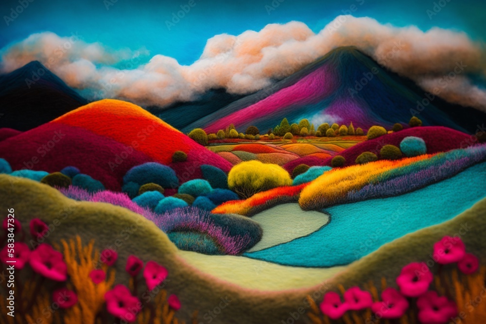 Colorful landscape fiber art of felted wool, Generative Ai