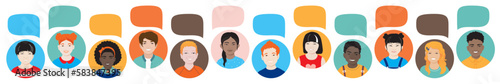 Set of happy smiling schoolkids vector avatars with speech bubbles. Diversity children concept schoolboys, schoolgirls of different ethnicities communicating online together. Isolated white background