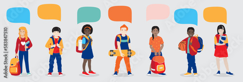 Set of happy smiling schoolkids with bags, wheelchair and speech bubbles. Diversity children vector concept, schoolchildren of different ethnicities communicating together. Isolated on white backgroun