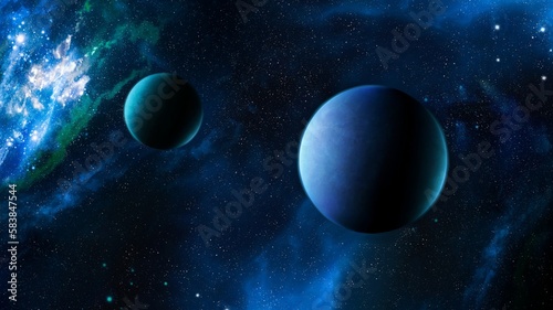 Fototapeta Naklejka Na Ścianę i Meble -  Universe with exoplanets and nebula, interstellar dust. Earth-like planets in space illuminated by galaxy light.