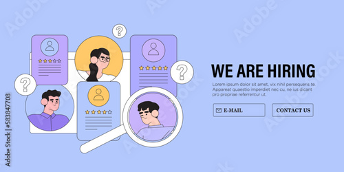 Recruitment agency, hiring employees. Hr manager selects the best candidate for job vacancy. CV, resume analysis. Hand drawn vector illustration isolated on purple background, flat cartoon style.