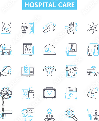 Hospital care vector line icons set. Hospital, Care, Treatment, Nursing, Medicine, Patients, Physician illustration outline concept symbols and signs