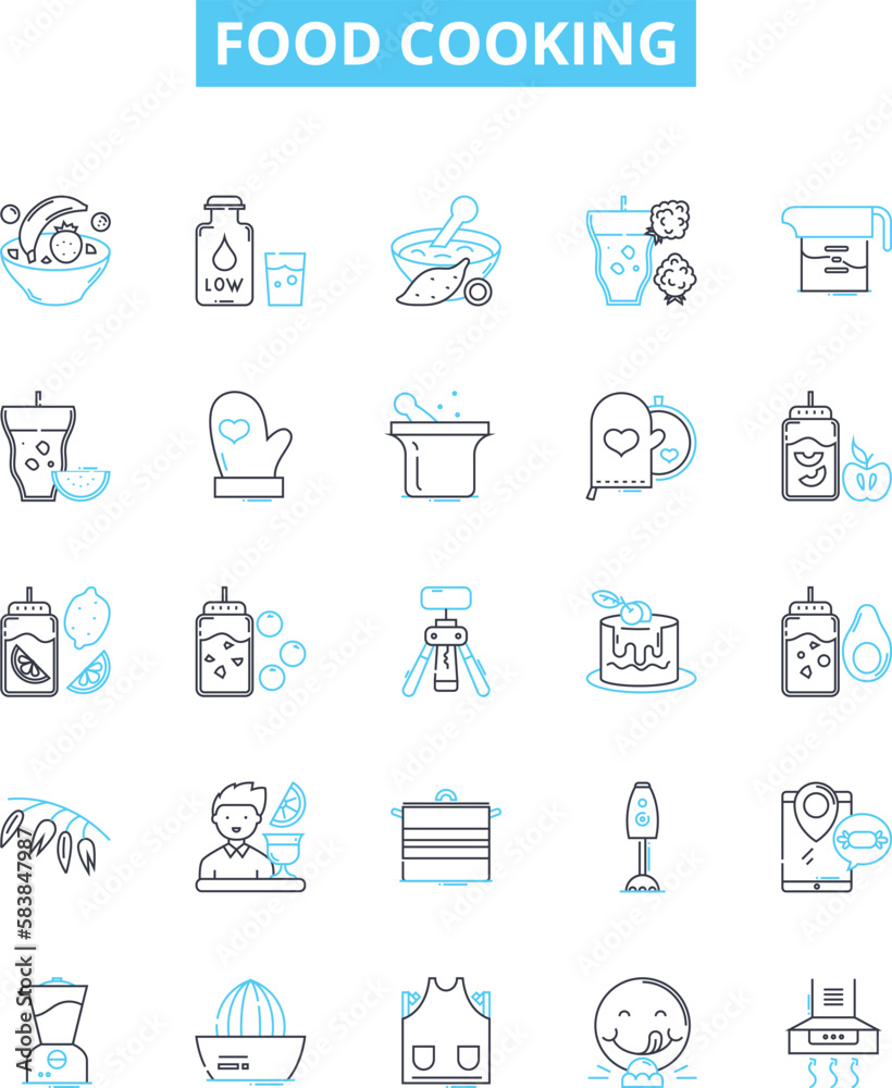 Food cooking vector line icons set. Baking, Roasting, Grilling, Boiling, Frying, Sauteing, Poaching illustration outline concept symbols and signs