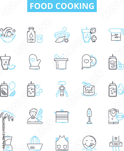 Food cooking vector line icons set. Baking, Roasting, Grilling, Boiling, Frying, Sauteing, Poaching illustration outline concept symbols and signs