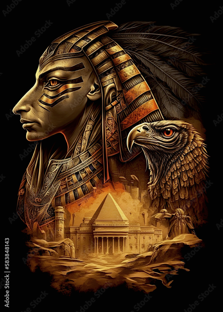 Ancient Egyptian pharaoh with eagle. Poster artwork, tshirt design ...
