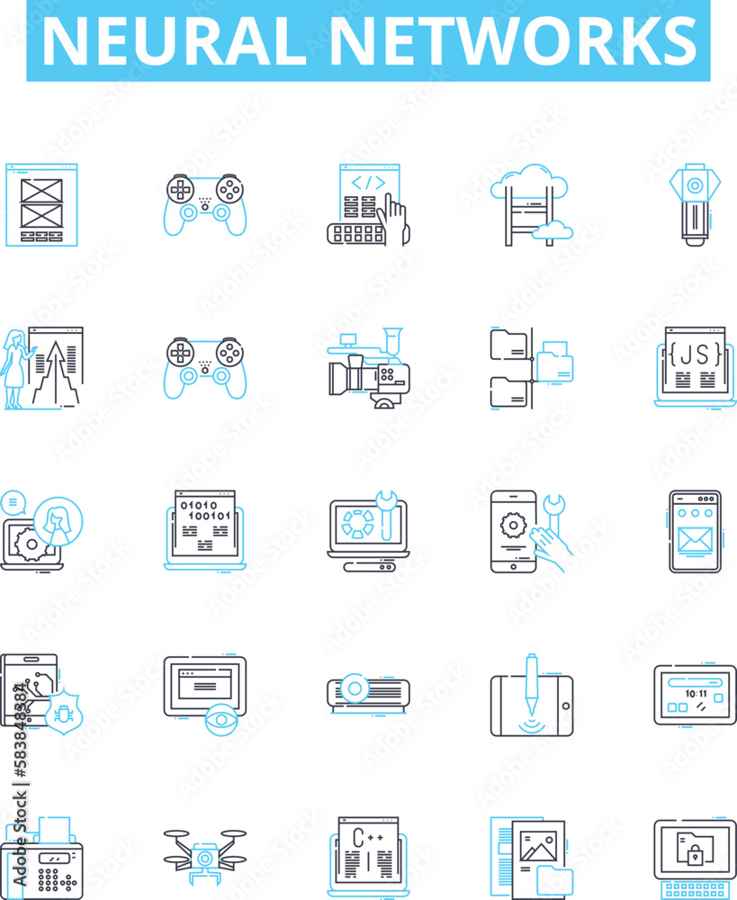Neural networks vector line icons set. Neurons, Networks, Learning, AI, Weights, Synapses, Deep illustration outline concept symbols and signs Neural networks vector line icons set. Neurons, Networks, Learning, AI, Weights, Synapses, Deep illustration outline concept symbols and signs