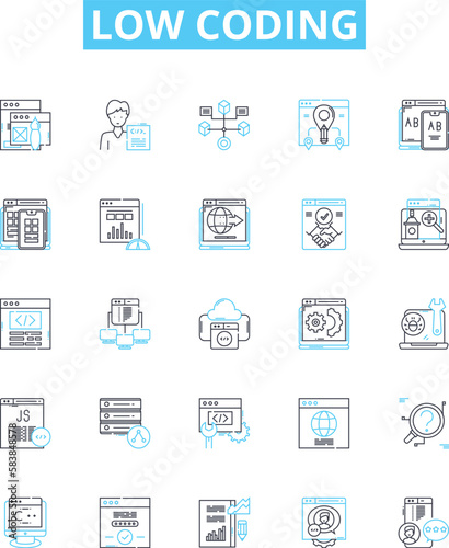 Low coding vector line icons set. No-code, Visual, Declarative, Automation, Platform, Application, Mobile illustration outline concept symbols and signs