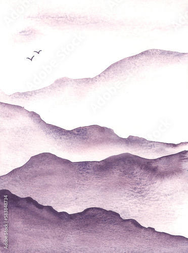 Watercolor paint mountains in the mist with birds wall decoration background template violet