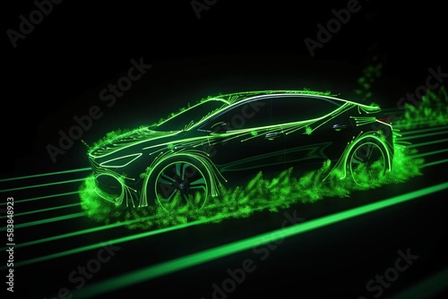 Carbon Neutral Car. Green neon modern futuristic car made from materials that have a low carbon footprint, such as recycled plastic, natural fibers, or biodegradable materials. AI generative
