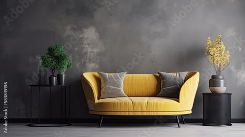 beautiful modern minimalism contemporary interior with sofa and grunge wall, bare, concrete cement wall, Generative Ai 