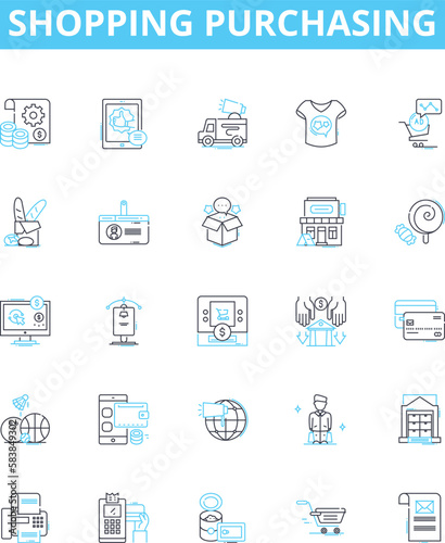 Shopping purchasing vector line icons set. Buying, Shopping, Acquiring, Purchase, Procurement, Ordering, Obtaining illustration outline concept symbols and signs