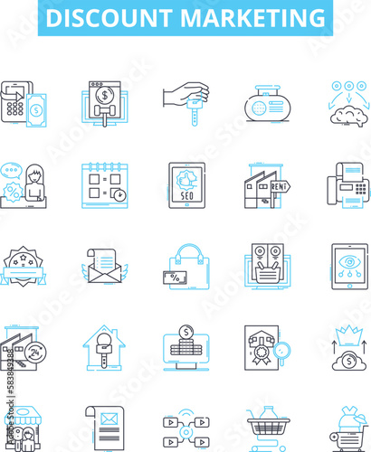 Discount marketing vector line icons set. Discount, Marketing, Sales, Deals, Coupons, Offers, Savings illustration outline concept symbols and signs