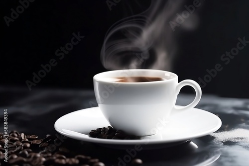 Hot Black Espresso in White Cup on Background Closeup Shot with Coffee Beans and Smoke