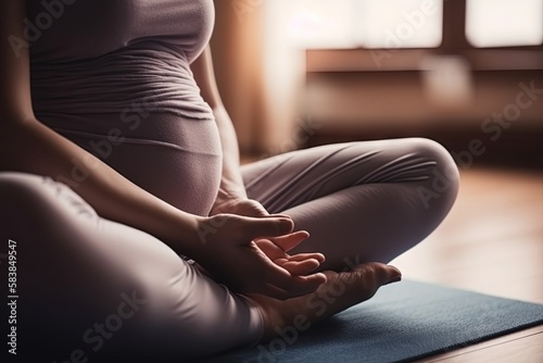 Healthy happy pregnant woman doing yoga meditating illustration generative ai photo