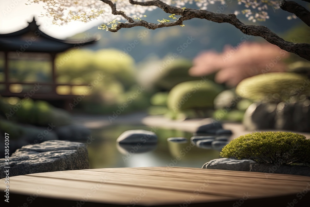 Empty Product Display Table with Blurred Japanese Garden Background (Generative AI)