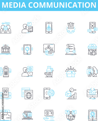Media communication vector line icons set. Media, Communication, Broadcasting, Journalism, Reportage, Production, Advertising illustration outline concept symbols and signs