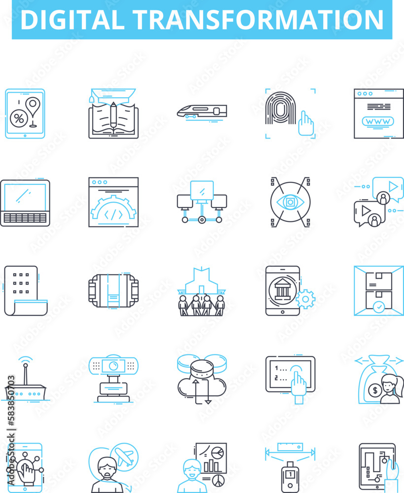 Digital transformation vector line icons set. Digital, Transformation, Technology, Automation, Innovation, Systems, Process illustration outline concept symbols and signs