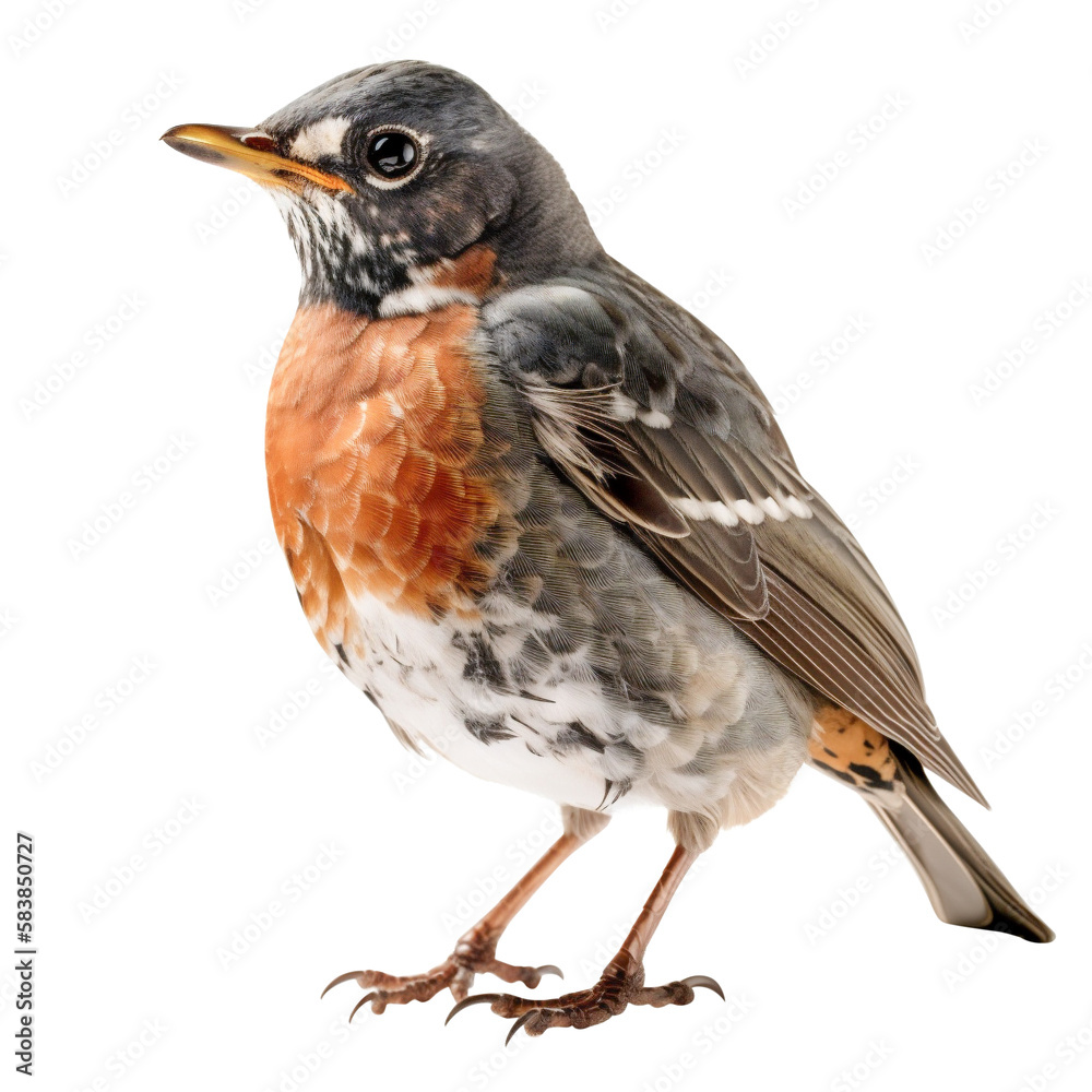 Fototapeta premium A robin perches gracefully, showcasing its redbreast in a stunning portrait. Generative AI.