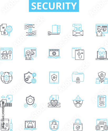 Security vector line icons set. Protection, Safeguard, Armor, Shield, Fortress, Fortify, Barricade illustration outline concept symbols and signs