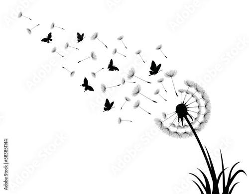 Dandelion with flying butterflies and seeds  vector illustration.Conceptual illustration of freedom and serenity