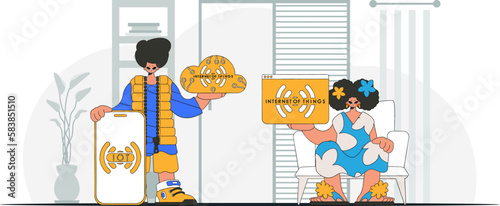 Guy and girl collaborate in IoT sector, modern character vector graphics style.