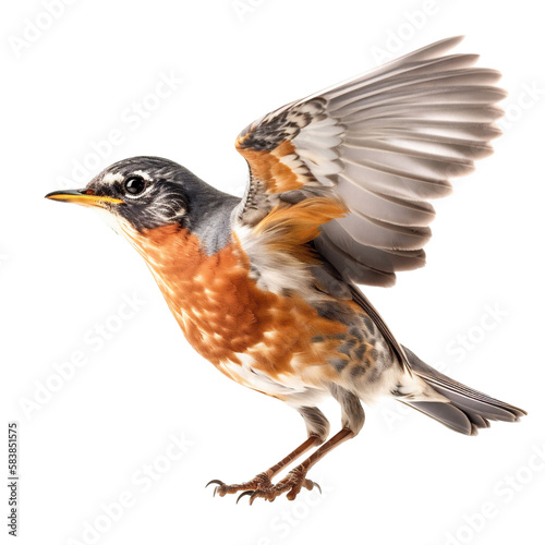 Detailed side view of a flying robin redbreast in stunning portrait. Generative AI. © PNG-Universe