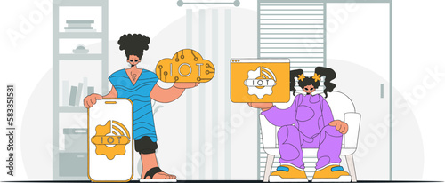 Guy and gal are partners in IoT, using a modern vector character style.