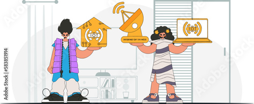 Guy and girl form a duo to innovate in the IoT industry with a contemporary vector.styled persona.