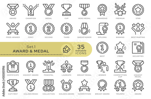 Set of conceptual icons. Vector icons in flat linear style for web sites, applications and other graphic resources. Set from the series - Award and Medal. Editable outline icon.	
 photo