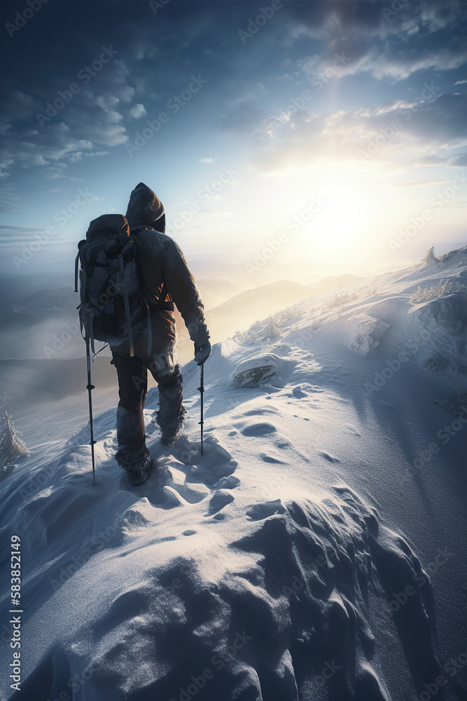 The mountaineer conquered the mountain in winter,  Climber on top of a winter view of snow-capped mountain peaks sunshine, AI generative