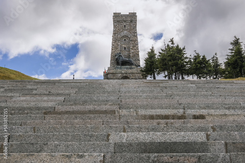 View on Freedom monument on Stoletov mount, Shipka Pass in Balkan Mountains, Bulgaria photo