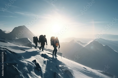 Mountains team climbers on snowy trail, conquered the mountain in winter, Climber on top of a winter view of snow-capped mountain peaks sunshine, AI generative