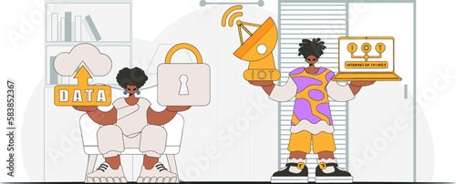 Guy and gal in internet of things biz, modern vector character design.