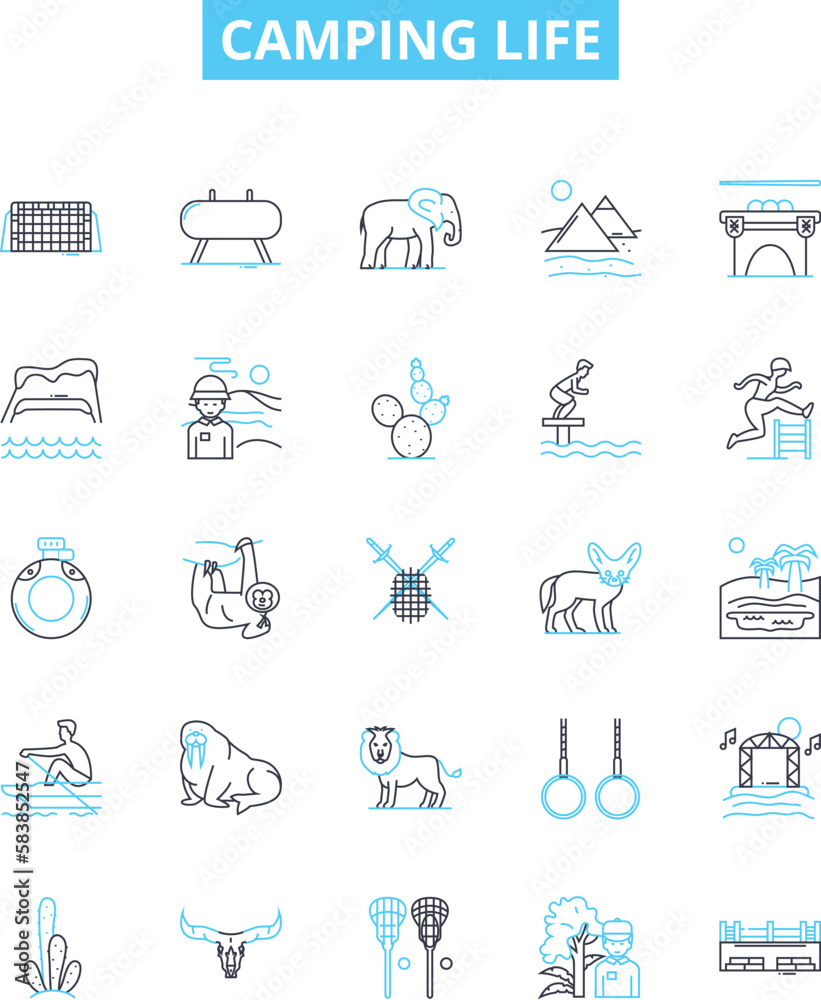 Camping life vector line icons set. Camping, Life, Outdoors, Tent, Sleeping, Bag, Hammock illustration outline concept symbols and signs Camping life vector line icons set. Camping, Life, Outdoors, Tent, Sleeping, Bag, Hammock illustration outline concept symbols and signs