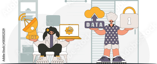 Guy and gal are a duo in the IoT realm, avant.garde cartoon look.