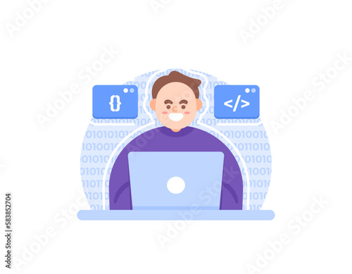 programmer, software or web developer, full stack developer, back end. a staff or male employee does coding or makes a program. work using a laptop. occupation and profession. vector elements