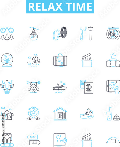 Relax time vector line icons set. Unwind, Recharge, Soothe, Repose, Recline, Tranquilize, Unburden illustration outline concept symbols and signs
