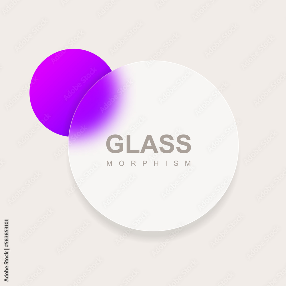 Neomorphism effect with round frosted glass and purple blurred circle on beige background