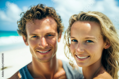 Smiling young couple on the beach in a windy day. Created with Generative AI technology. © Adrian Grosu