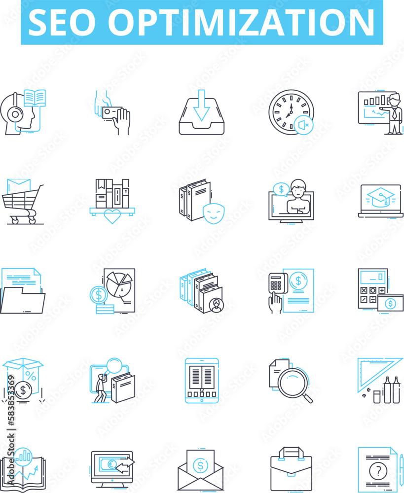 SEO optimization vector line icons set. SEO, optimization, ranking, content, visibility, backlinks, traffic illustration outline concept symbols and signs