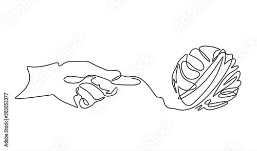 Continuous line of hand unraveling a tangle of unresolved problems. Metaphor of disorganized difficult problem, mess with black single continuous tangle thread in need of unraveling isolated on white