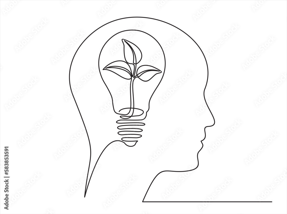 One continuous line drawing of human head with light bulb and plant ...
