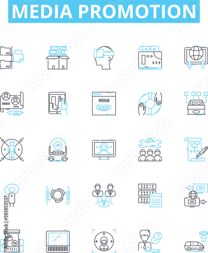 Media promotion vector line icons set. Media, Promotion, Advertising, Publicity, Campaigning, Marketing, Outreach illustration outline concept symbols and signs