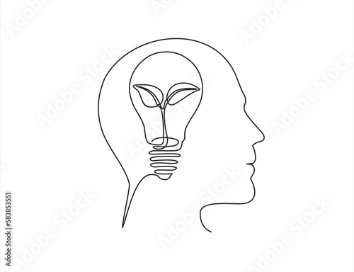 One continuous line drawing of human head with light bulb and plant inside.  Creative ideas, grow up, positive thinking and self care. Growth mindset skills illustration