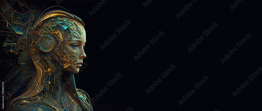 Technology background. Female face robot Advanced artificial intelligence, data flow concept. Generative AI Technology background. Female face robot Advanced artificial intelligence, data flow concept. Generative AI