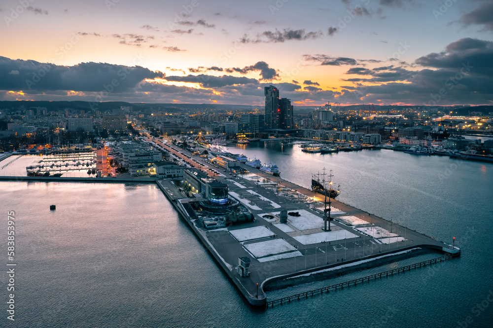 Amazing aerial cityscape of Gdynia by the Baltic Sea at dusk. Poland
