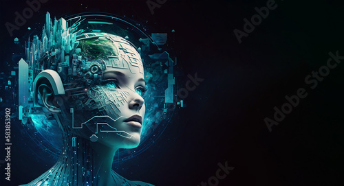 Technology background. Female face robot Advanced artificial intelligence, data flow concept. Generative AI